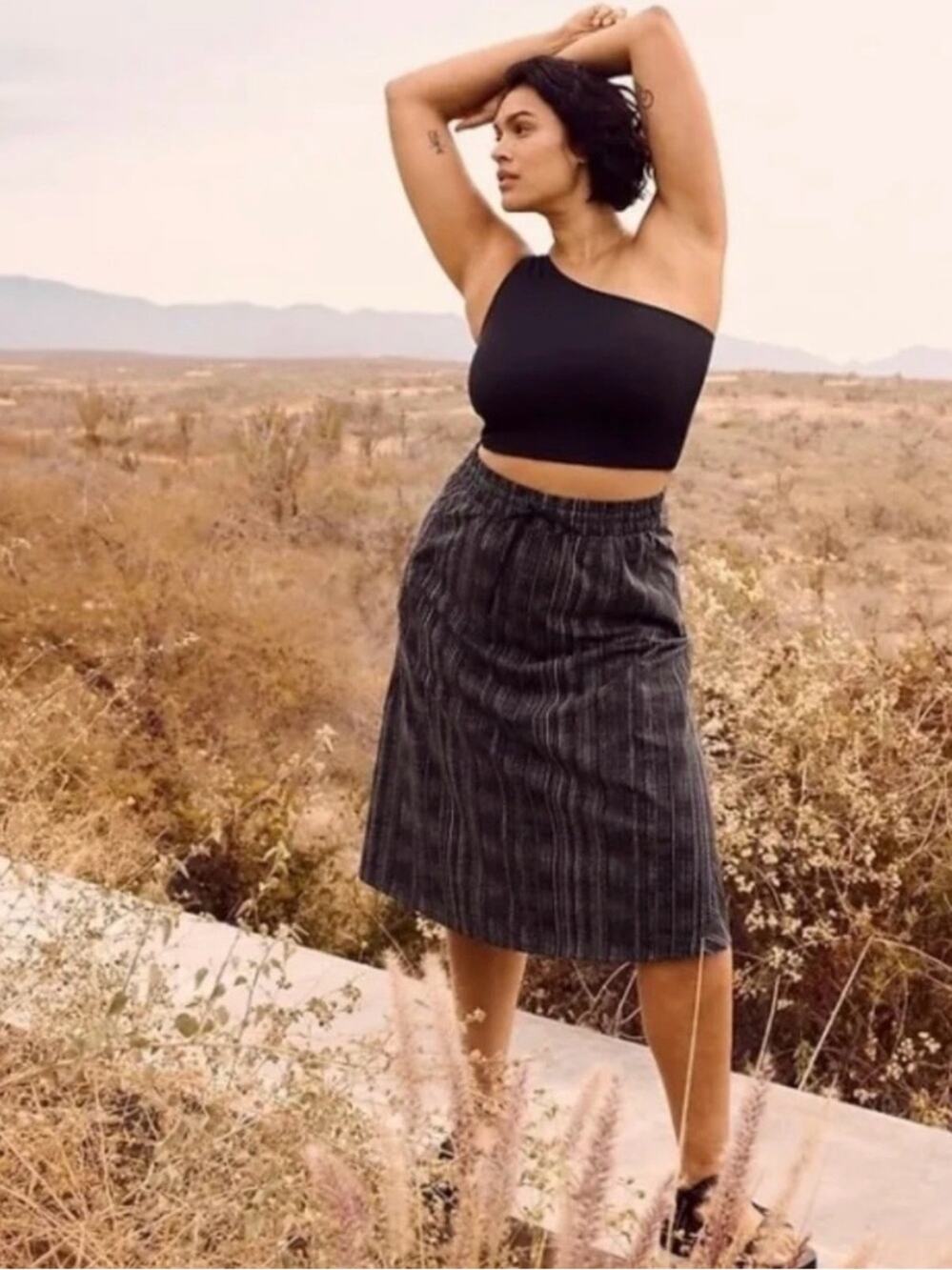 Athleta Arrival Midi Skirt Pockets Lightweight Packable Black Amara Stripe Sz 0